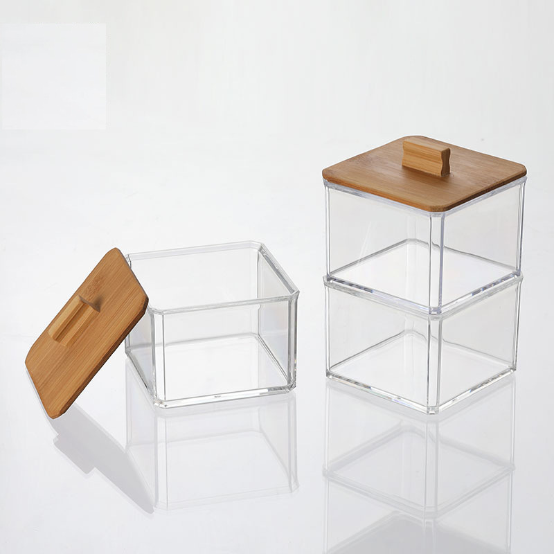 Caja de almacenamiento de hisopo de algodón acrílico Caja de almacenamiento de cristal de algodón cosmético de estilo europeo cubierta de madera transparente caja de organización de hisopo de algodón de escritorio