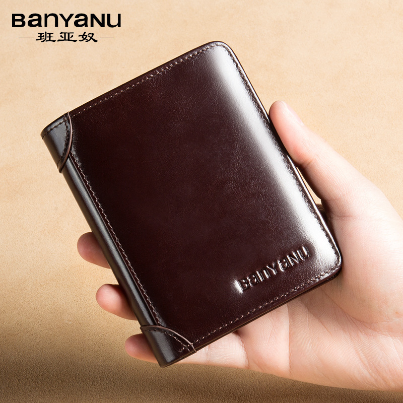 広州 Banyanu 革工場メンズ財布本革超薄型盗難防止ブラシ縦型カードホルダーメンズショートウォレット|undefined