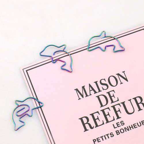 Outu colorful paper clips creative shape dolphin style electroplating cute paper clips office stationery bookmarks manufacturer