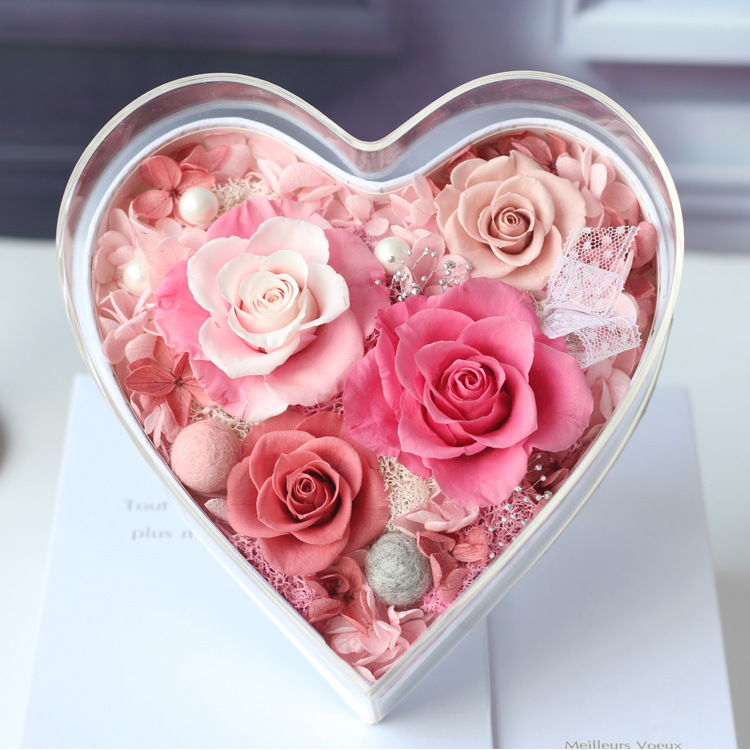 Flor eterna acrílica en forma de corazón, un regalo para tu novia en el Día de San Valentín chino, rosa eterna.