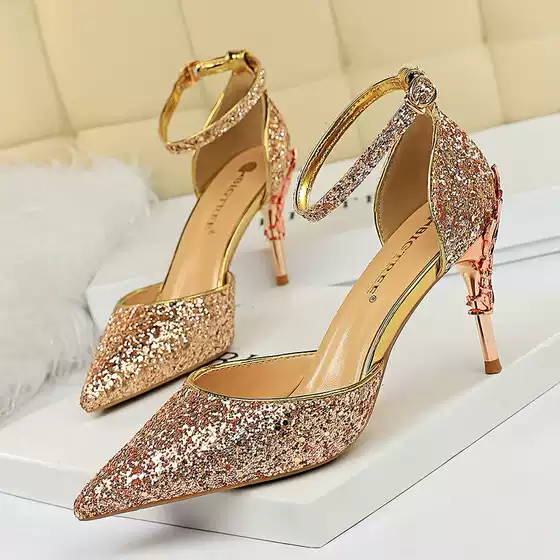 283-A5 Sexy European & American Open-Toe Hollow-Out Women's Sandals with Metal Decor, High Heel, Pointed Toe, Glitter, Strappy Design