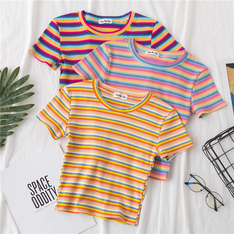 Navel-Baring T-Shirt Women's Short-Sleeved Tight-Fitting Navel-Baring Bottoming Shirt Korean Style Rainbow Stripesd Hyuna Style Short High-Waisted Top