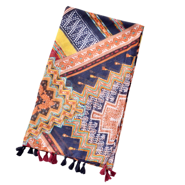 Nuevo estilo étnico retro geométrico Totem impreso bufanda cuatro estaciones versátil fino algodón y lino sensación bufanda Toalla de playa