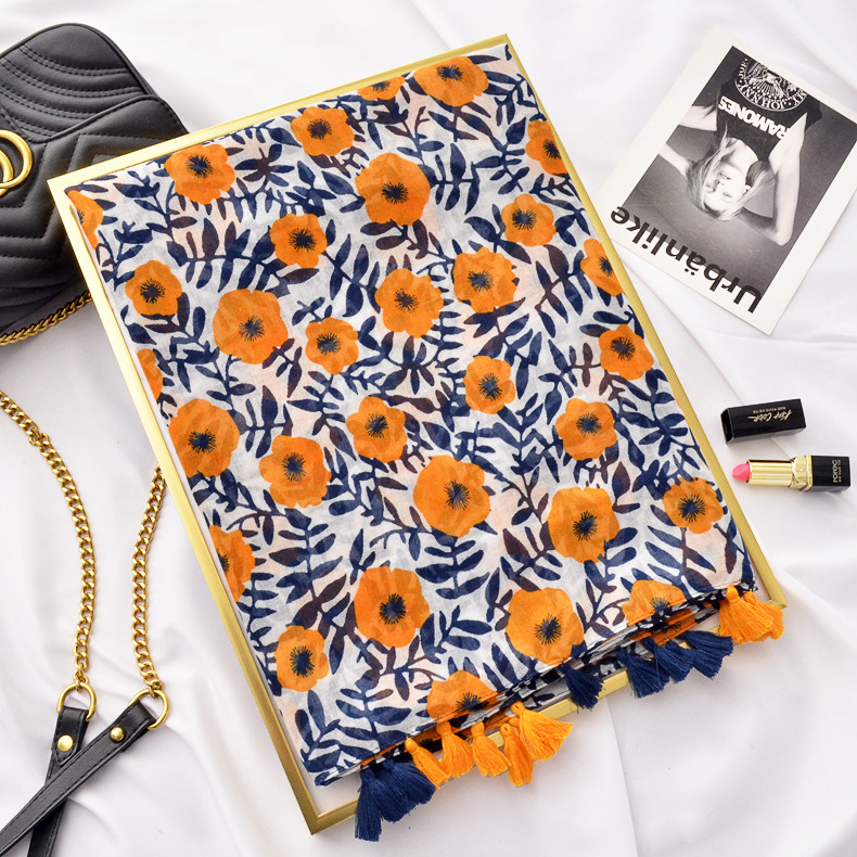 Primavera y verano artístico fresco púrpura azul naranja impreso algodón y lino bufanda Yunnan Lijiang viaje protector solar chal bufanda para las mujeres