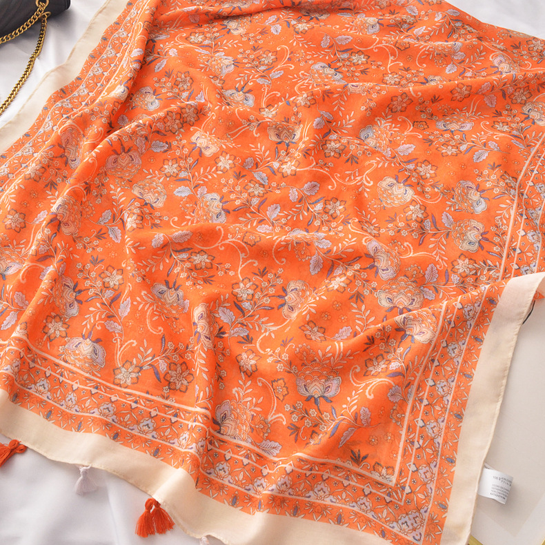 Yadu bufanda fresca flor de naranja algodón y lino siente bufanda de primavera y verano protector solar decorativo chal toalla de playa