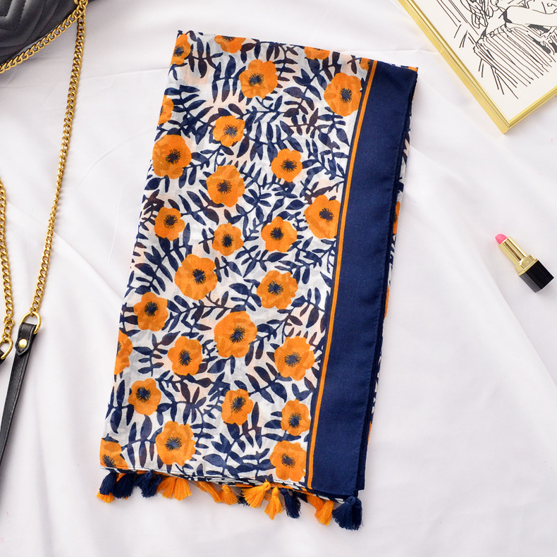 Primavera y verano artístico fresco púrpura azul naranja impreso algodón y lino bufanda Yunnan Lijiang viaje protector solar chal bufanda para las mujeres