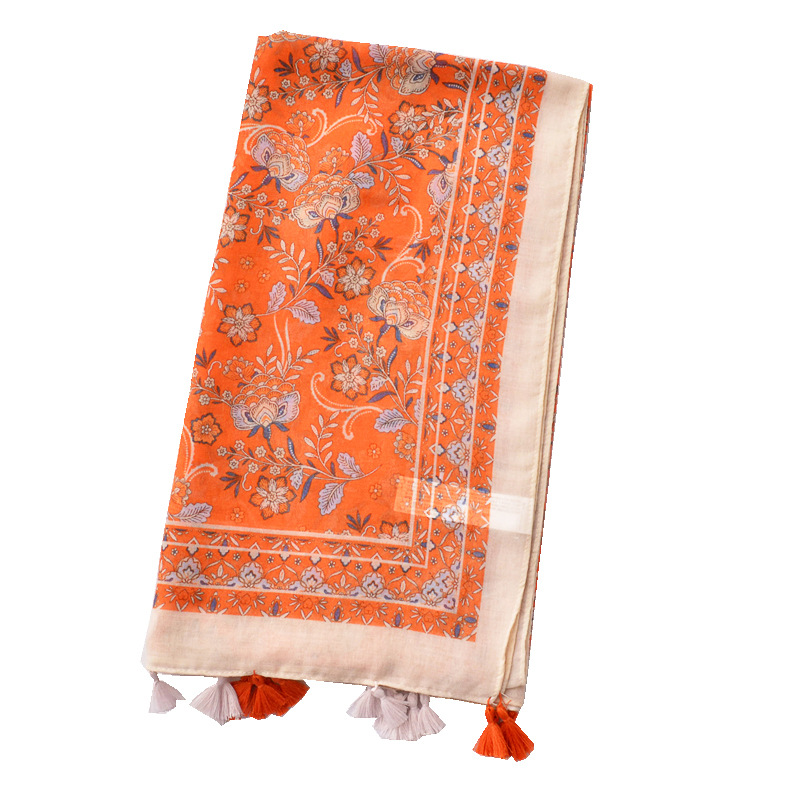 Yadu bufanda fresca flor de naranja algodón y lino siente bufanda de primavera y verano protector solar decorativo chal toalla de playa