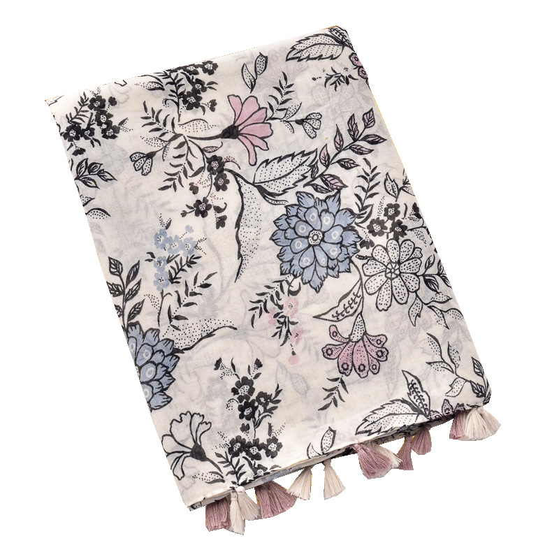 Nuevo estilo Planta Fresca flor borla artística algodón y lino bufanda de seda primavera y verano Delgado viaje protector solar chal Toalla de playa