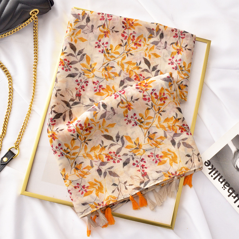 Nueva naranja planta impresa algodón y lino sensación bufanda de seda Primavera y verano viajes protector solar chal largo borla bufanda