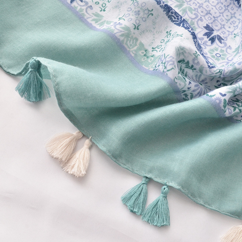 Estilo de Nepal artístico bufanda larga primavera y verano nuevo algodón y lino bufanda azul claro impreso protector solar bufanda para las mujeres