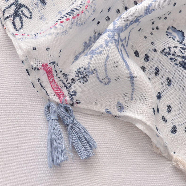 Nuevo artístico retro blanco liso anacardo impreso bufanda larga bufanda primavera y verano azul gris borla decorativa bufanda chal