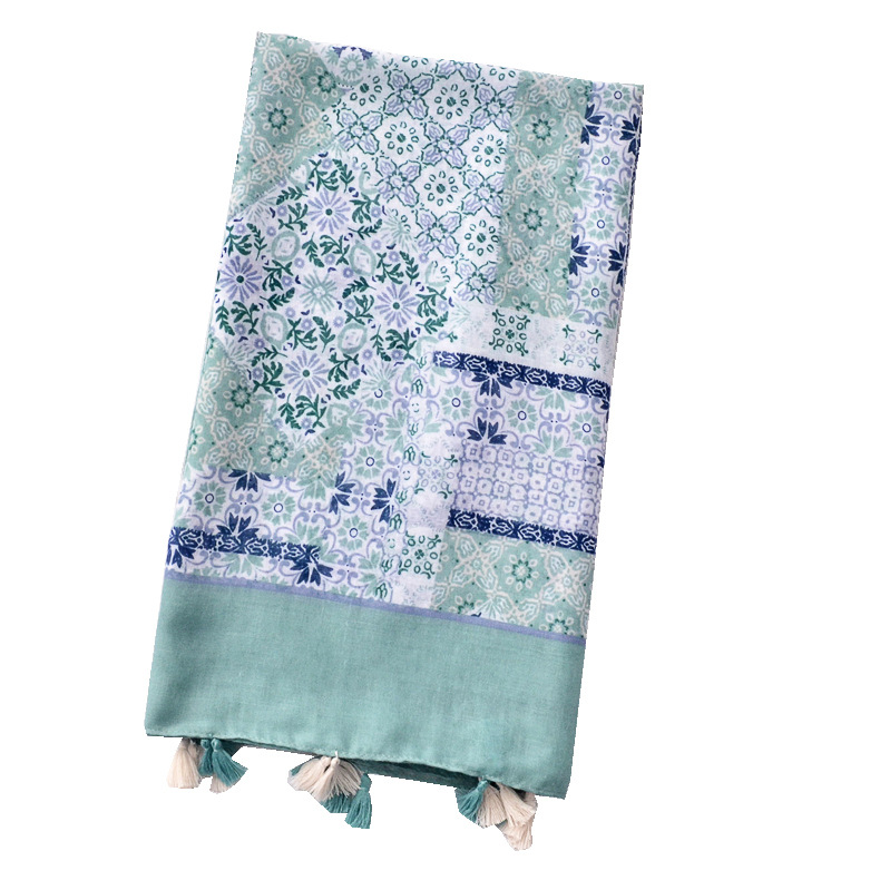 Estilo de Nepal artístico bufanda larga primavera y verano nuevo algodón y lino bufanda azul claro impreso protector solar bufanda para las mujeres