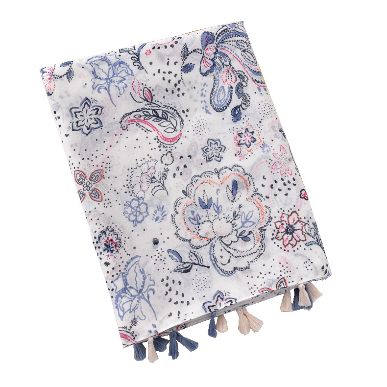 Nuevo artístico retro blanco liso anacardo impreso bufanda larga bufanda primavera y verano azul gris borla decorativa bufanda chal
