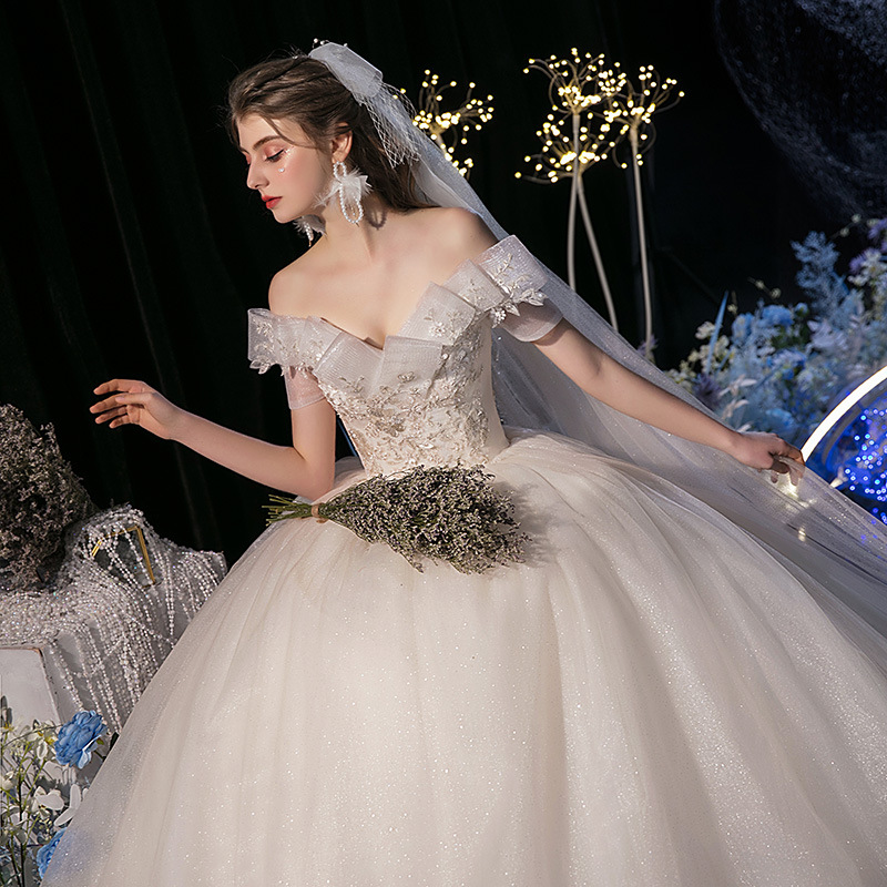 Douyin's Same Champagne Color Floor-Length Main Wedding Dress 2025 New Starry Sky Dreamy One-Shoulder Super Fairy Large Size Long Tail