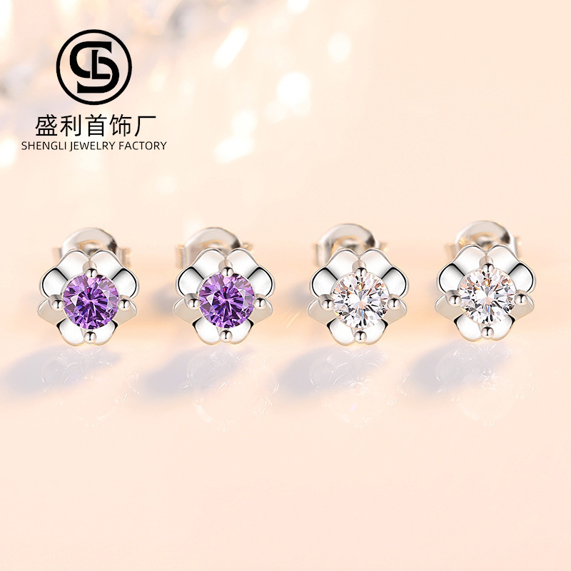 Shengli S925 pendientes de plata esterlina trébol de las mujeres pendientes de flores giratorias japonesas y coreanas pendientes de las mujeres simples 3A circón