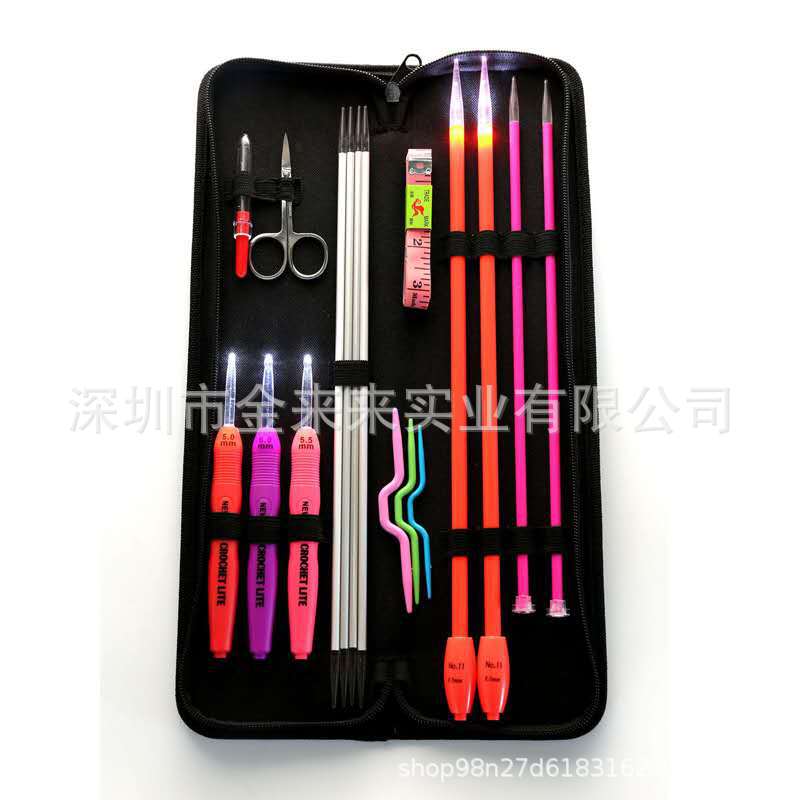 外贸新款十八件套钩针织针组合包套装diy手工编织led编织工具套装