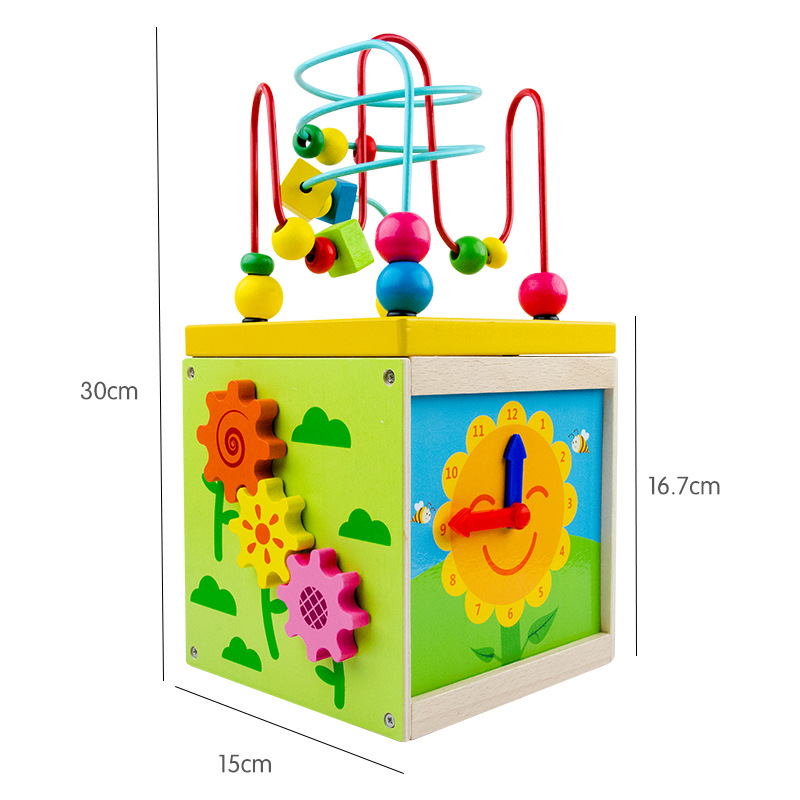 Productos de madera en stock: Juguete educativo temprano de madera con forma geométrica multifuncional de cuatro lados para ensartar cuentas y desarrollar la cognición.