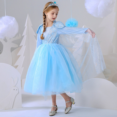 女童艾莎连衣裙ins新款冰雪奇缘可拆卸带披风童裙爱莎公主裙