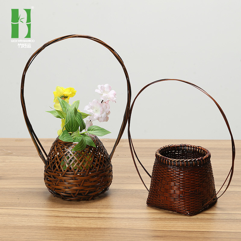 Cesta de flores de mano de bambú cesta de flores secas cesta de almacenamiento tejida artesanal ratán sala de estar decoración flor fábrica al por mayor