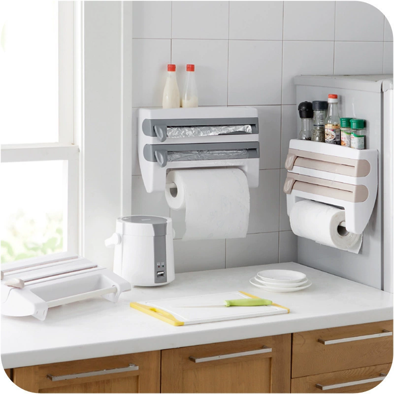Multifunctional plastic wrap cutter wall -mounted kitchen paper rack sliding knife tin foil split box storage shelf