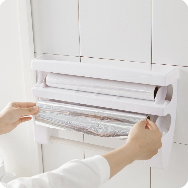 Multi-funcional de plástico cortador de papel montado en la pared de cocina titular de papel de estaño cuchillo deslizante caja dividida rack de almacenamiento