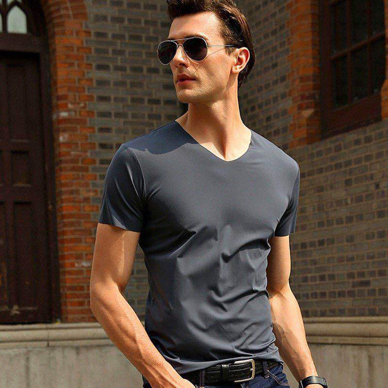NanRenShuai/Nanren hombres guapos camiseta hombres de manga corta con cuello en V elástico casual corte color sólido más tamaño hombres