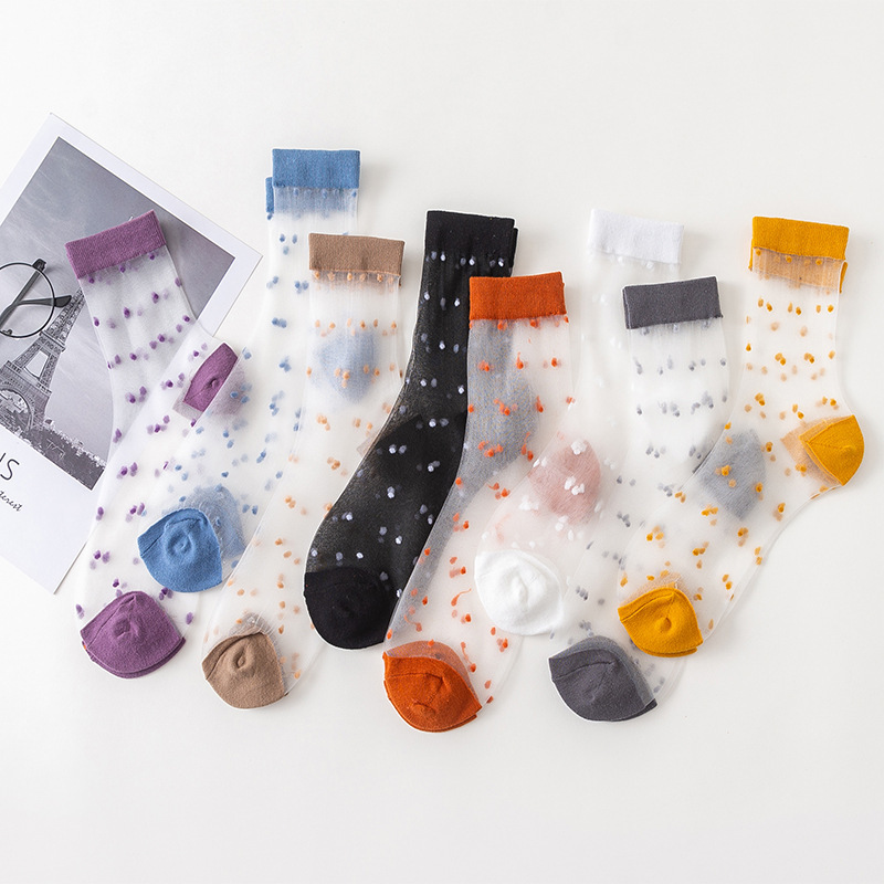 Summer ultra-thin glass silk mid-calf color socks small dot jacquard socks transparent breathable stockings wholesale