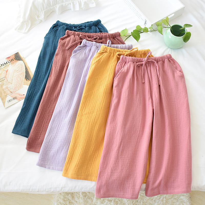 Summer New Women's Cotton Gauze Pajama Pants plus size Loose Home Pants Multicolor Crepe Cropped Pants Middle-aged Half Pants