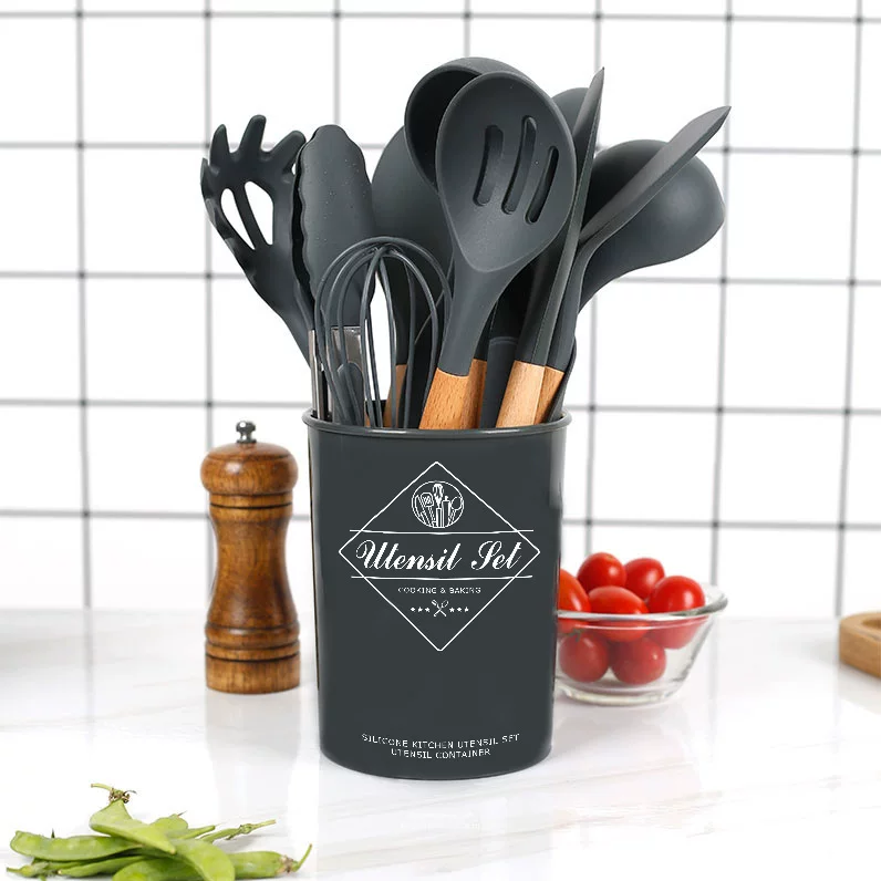Silicone kitchenware set with beech wood handles, storage container, 11/12 pcs options