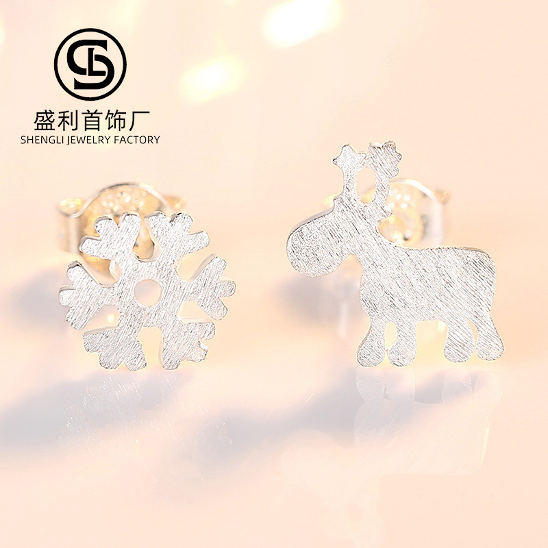 Pendientes de plata esterlina s925 plata simple copo de nieve ELK pequeños aretes pendientes de regalo de Navidad nuevos elegantes asimétricos