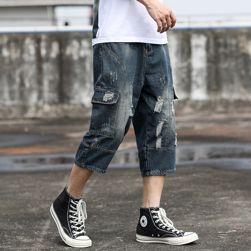 Summer ripped Denim shorts men's cropped pants casual cropped overalls harem pants loose straight pants