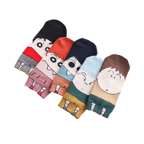 Korean New Cartoon Straight Leg Socks for Girls, Crayon Shin-chan Personality Boat Socks, Cotton Sweat Absorbent Anti-Odor Women's Socks Wholesale