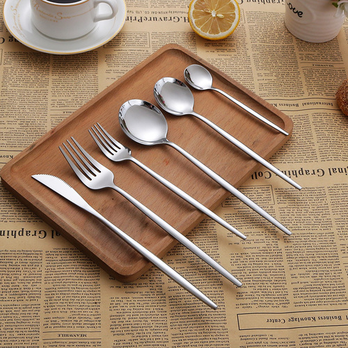 Baichuan stainless steel tableware steak knife and fork, glossy Portuguese six-piece dessert spoon and fork, golden coffee spoon