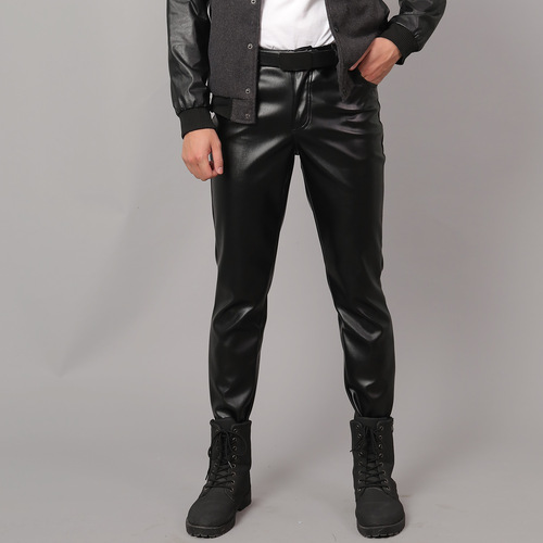 Autumn/Winter Men's Slim Fit Leather Pants, Knee-High Tight Elastic Trendy Biker Pants for Men with Extra Warmth