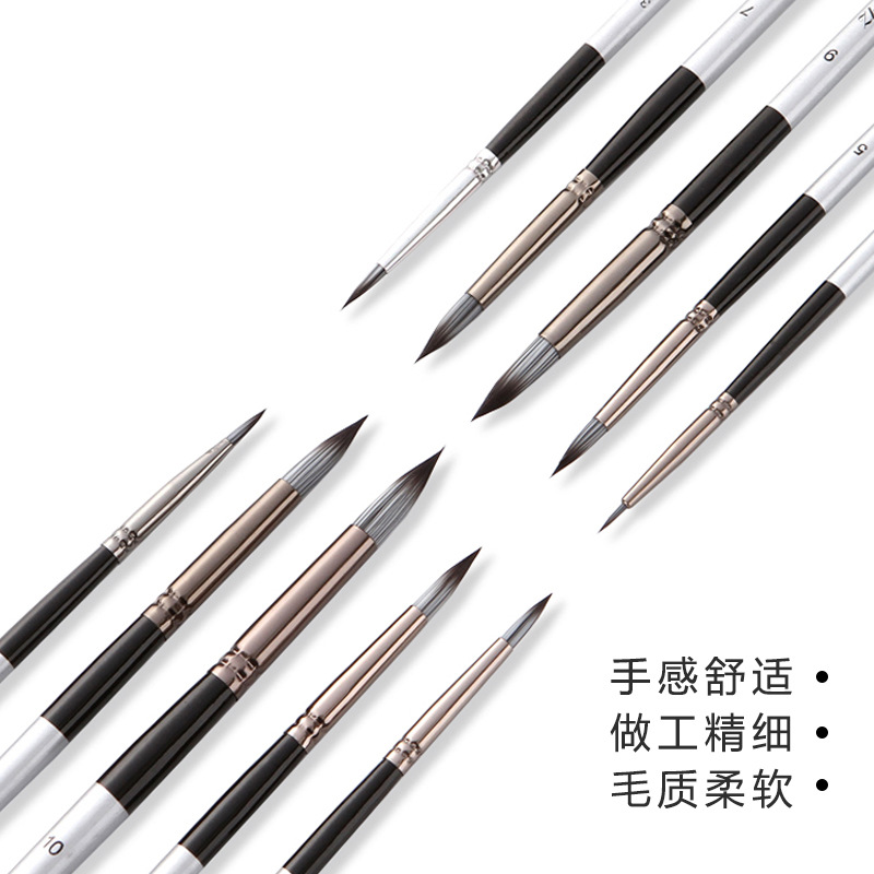 10 nylon cepillo de pelo gris plata varilla redonda frente acuarela cepillo aceite cepillo traje gancho pluma suave cremallera bolsa