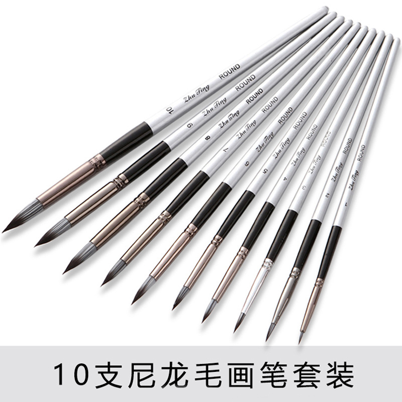 10 nylon cepillo de pelo gris plata varilla redonda frente acuarela cepillo aceite cepillo traje gancho pluma suave cremallera bolsa