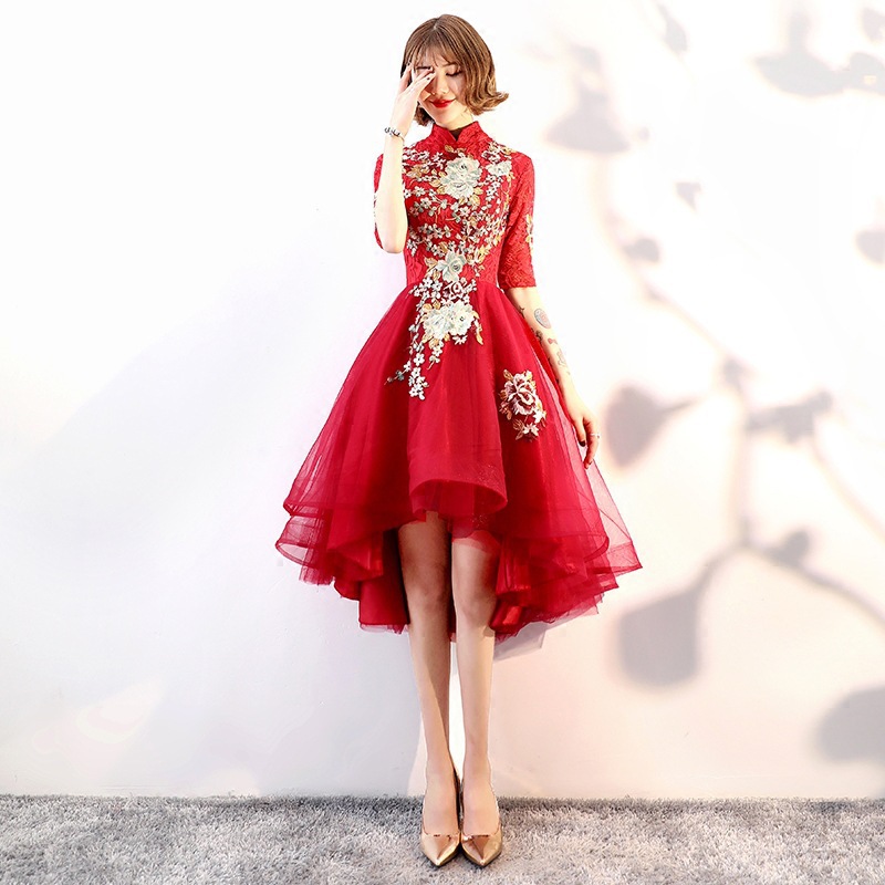 Chinese-Style Wedding Dress for the Bride 2026 New Model, Short in Front and Long in Back, Modern Slimming Chinese Style Evening Dress for Women, Spring