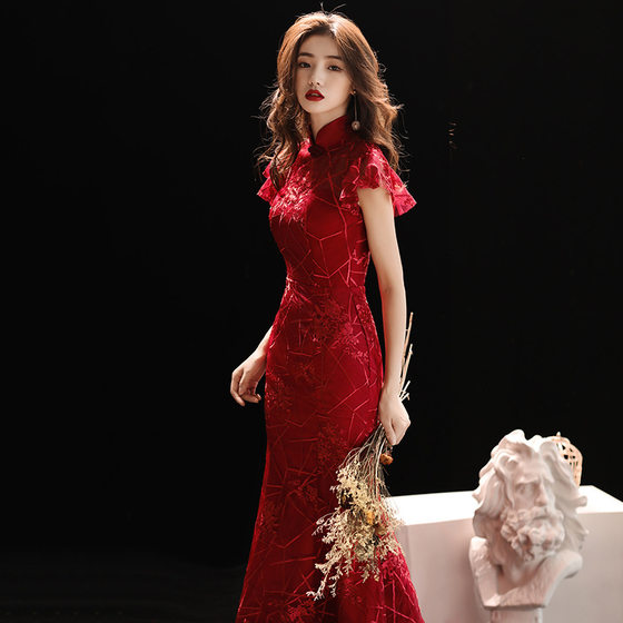 Toast Dress Bride 2022 New Summer Chinese Red Cheongsam Wedding Evening Dress Women's Slim-fit Fishtail Long Dress