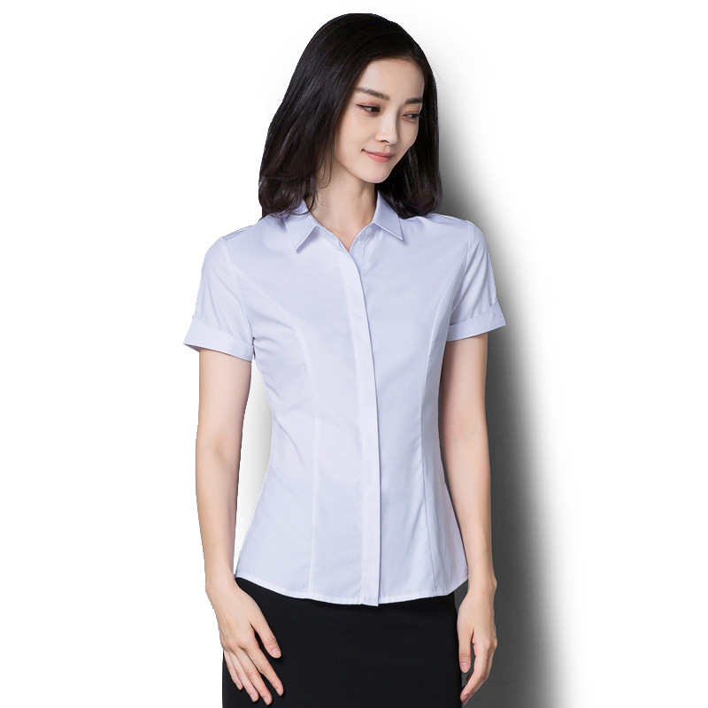 Primavera nueva ropa de negocios camisa de mujer blanca manga corta estilo coreano Delgado tapeta oscura pecho hebilla multi-grano anti-exposición image 6