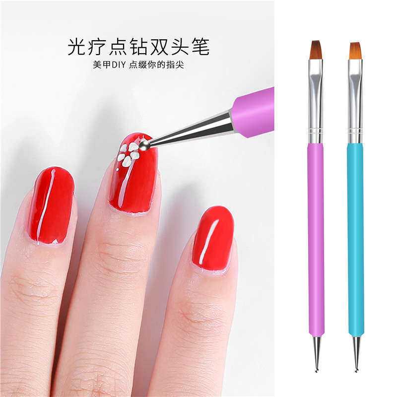 Herramientas de uñas de doble cabeza fototerapia pluma cepillo pluma plana pegamento pegajoso taladro palo pluma punto flor aguja