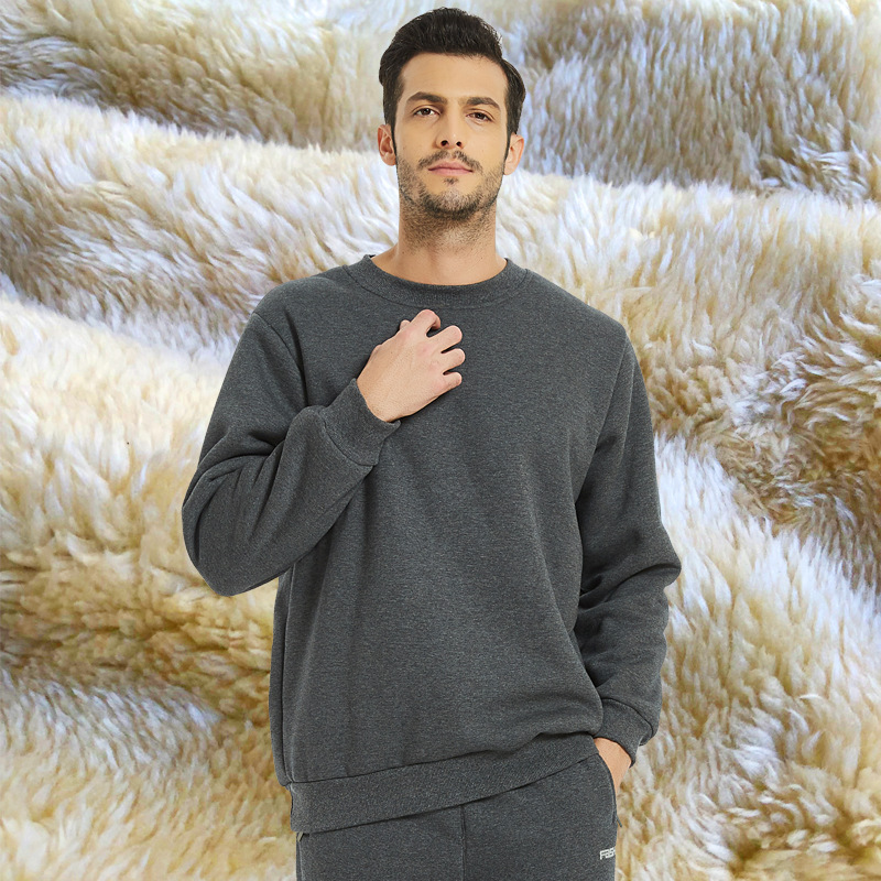 Lambskin Sweater Men's Round Neck Pullover Fleece-lined Thickened Simple Long Sleeve Large Size Sports Warm Top Hooded Sweater