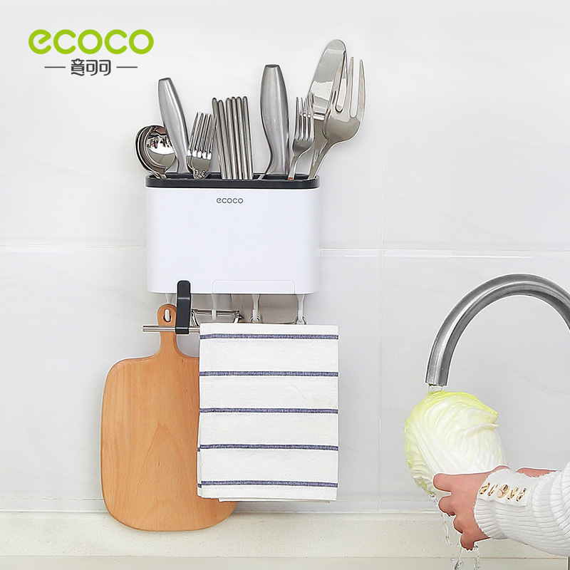 Soporte para palillos de cocina, cuchillo de drenaje montado en la pared sin taladro y estante organizador para espátula, estante multifuncional para almacenamiento de cubiertos y cucharas.