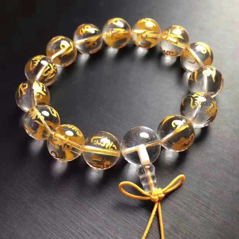 Cristal blanco natural esmerilado seis palabras mantra Buda cuentas pulsera dorado letras Daming mantra pulsera fábrica al por mayor