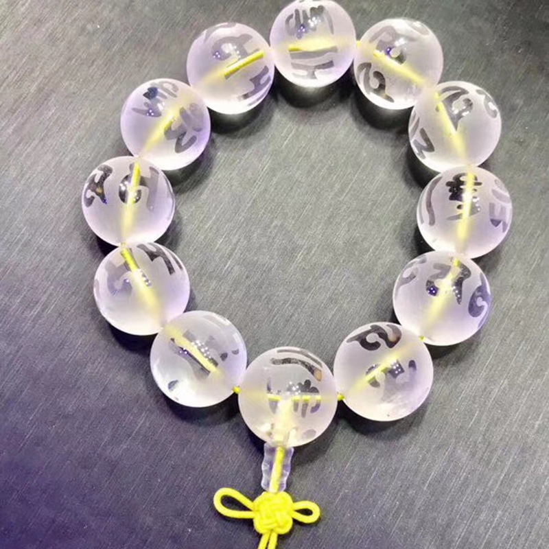 Cristal blanco natural esmerilado seis palabras mantra Buda cuentas pulsera dorado letras Daming mantra pulsera fábrica al por mayor