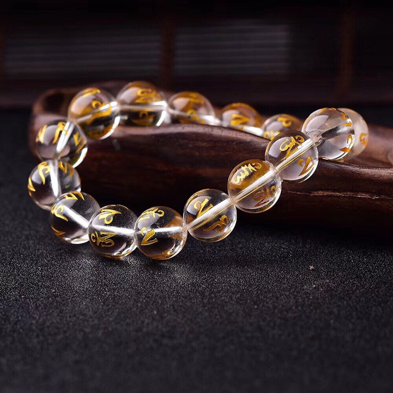 Cristal blanco natural esmerilado seis palabras mantra Buda cuentas pulsera dorado letras Daming mantra pulsera fábrica al por mayor
