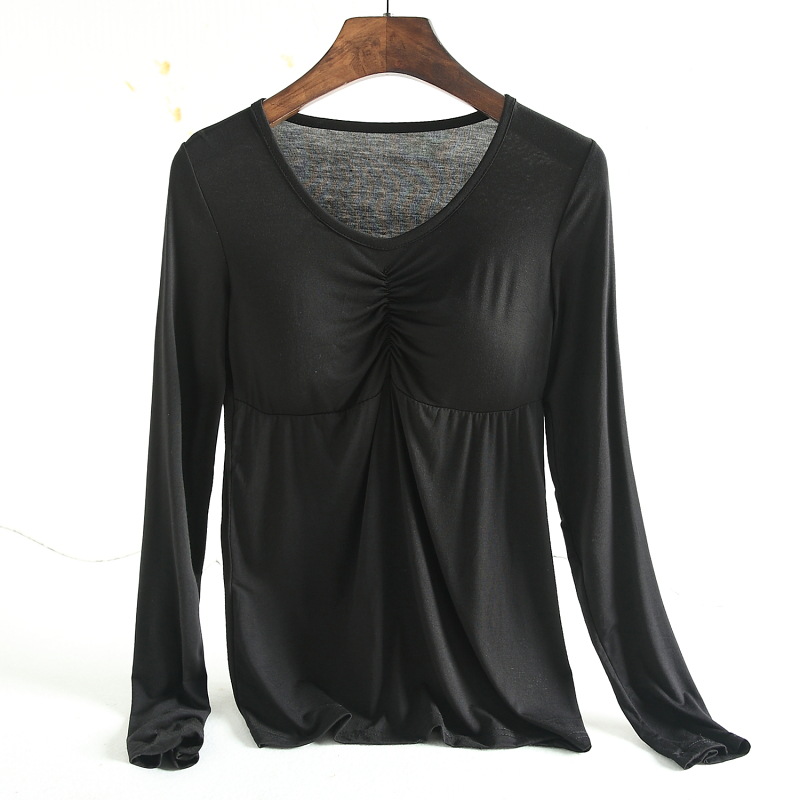 Long-Sleeved Tops with Breast Pads for Women, Pure Color T-Shirts for Autumn and Winter, Wholesale Large Size Home Clothes, Modal Bottoming Shirts