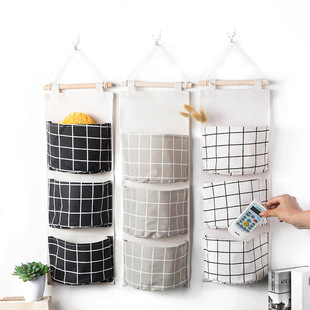 Modern simple three-pocket cotton and linen storage hanging bag thickened multi-layer hanging bag lattice door rear sundries storage bag storage bag