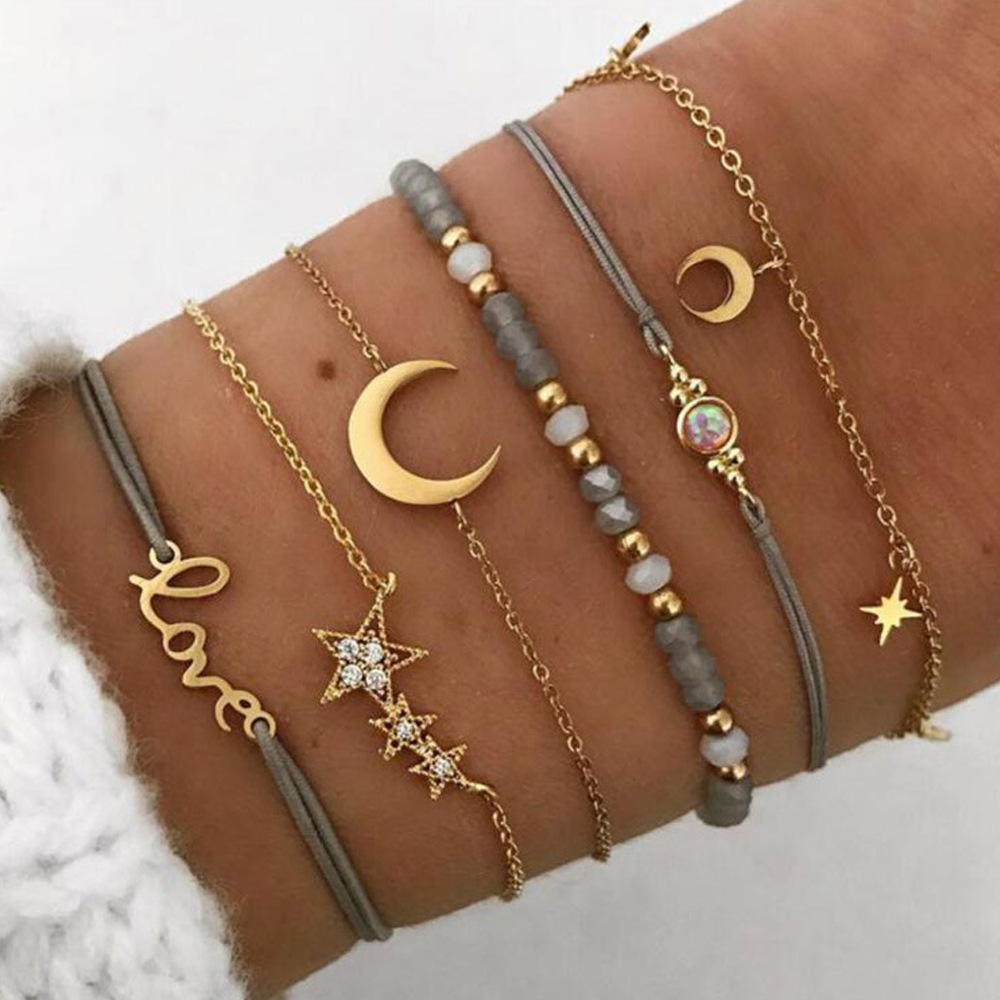 Europea y americana transfronteriza nuevo elegante colgante personalizado estrella Luna pulsera cadena gris cuentas pulsera de seis piezas