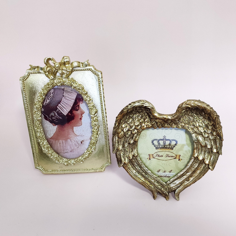 American Retro Gold 4 Inch 6 Inch Bow Angel Wings Photo Frame Table Light Luxury Handmade Carved Resin Creative