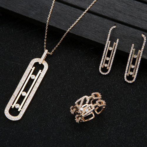 Set of S925 Silver Needles, European Style Diamond Stud Earrings with Copper-Hammered Hoop, Exaggerated Earrings, Necklace, and Ring